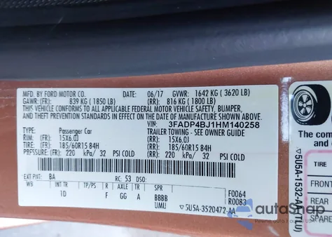 2017 Ford Fiesta Se из США, поврежденный, VIN 3FADP4BJ1HM140258